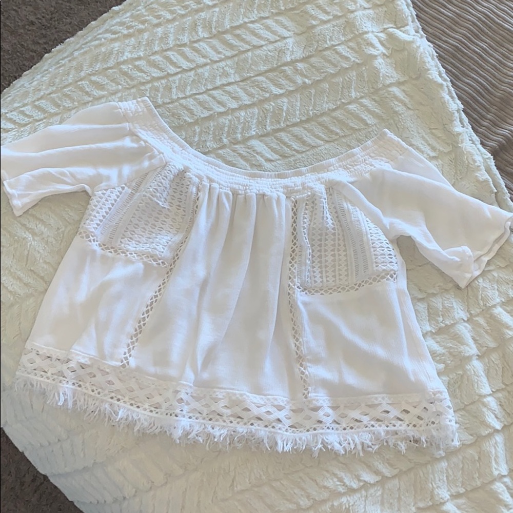 Miss me white crochet off the shoulder top